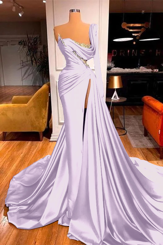 Mermaid One Shoulder Long Sleeve Pleated Prom Dress Split With Beadings