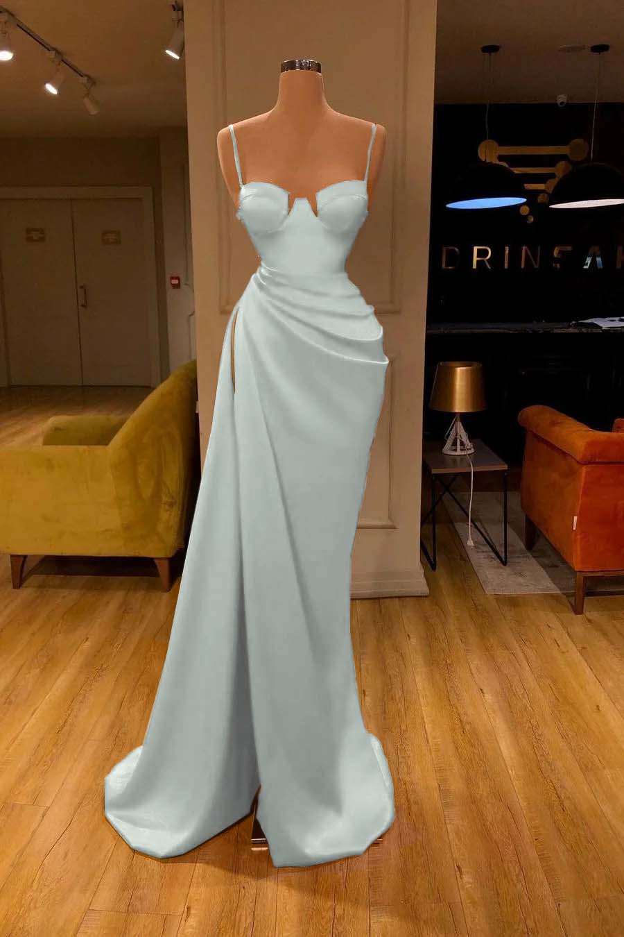 Mermaid Red Spaghetti Strap Sleeveless Pleated Prom Dress With High Split