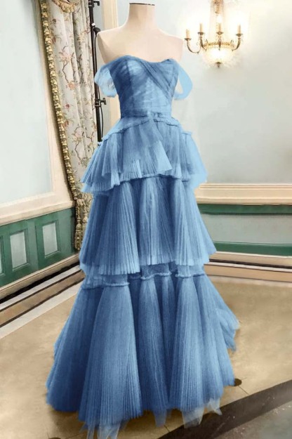Strapless Off the Shoulder Sleeveless Long Prom Dress With Tulle