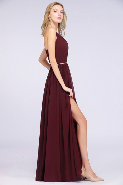 BMbridal Chic Burgundy Halter Long Backless Bridesmaid Dress with Beadings-BMbridal
