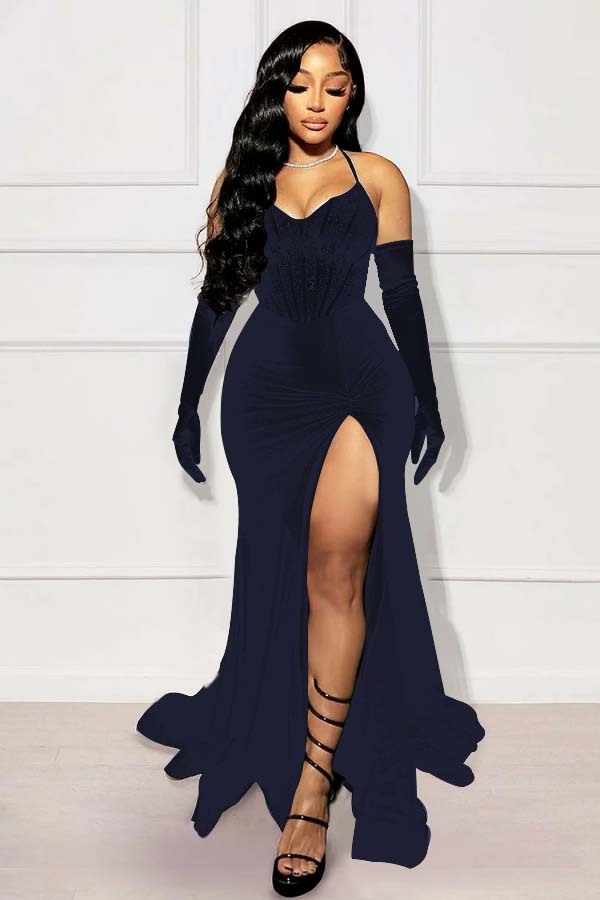 Halter Sleeveless Long Mermaid Prom Dress With Split Gloves