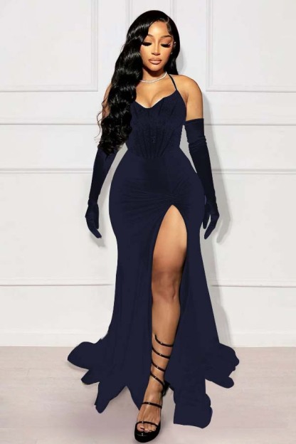Halter Sleeveless Long Mermaid Prom Dress With Split Gloves