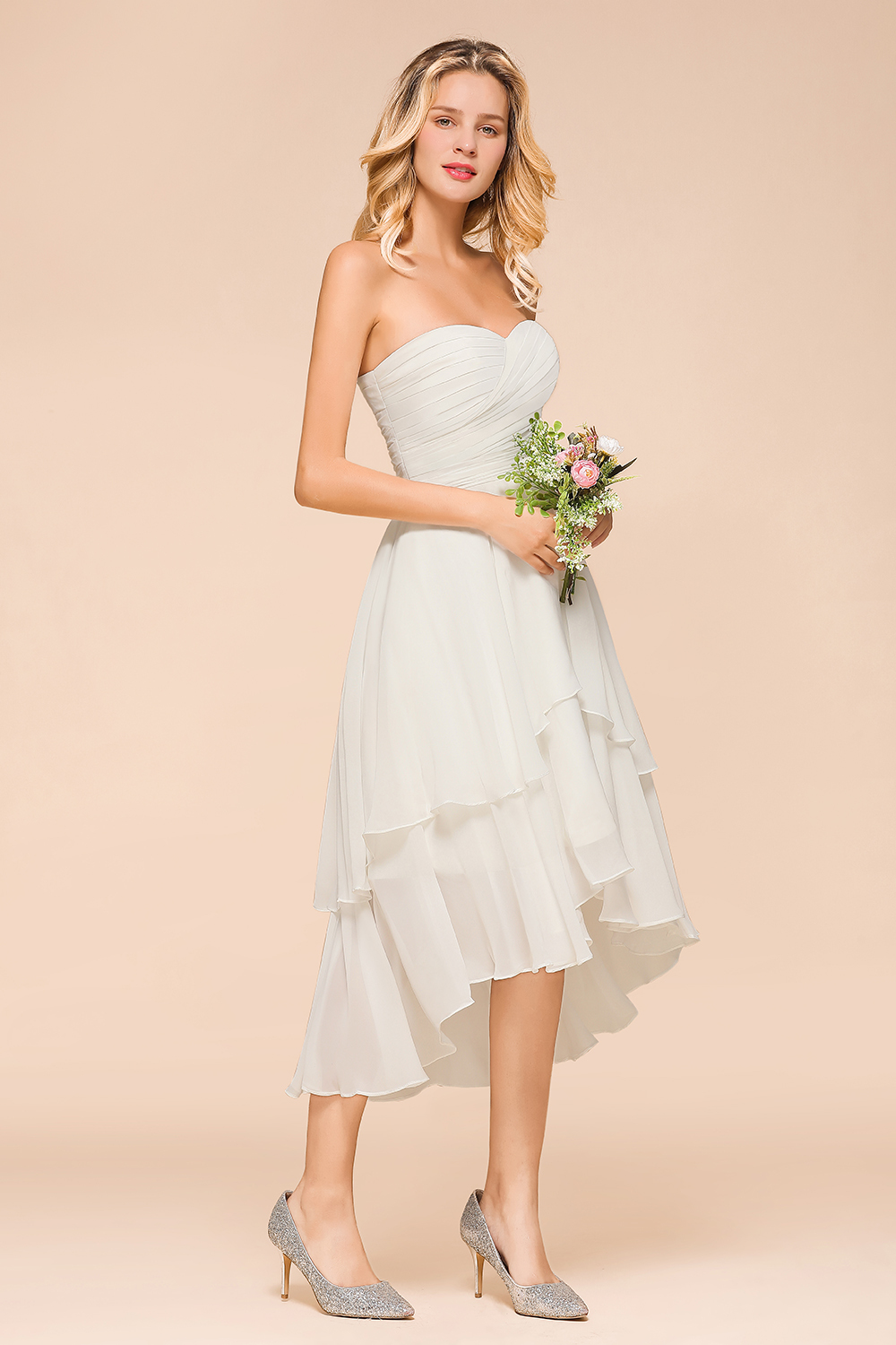 BMbridal Affordable Hi-Lo Layer Ruffle Ivory Short Bridesmaid Dress with Flower-BMbridal