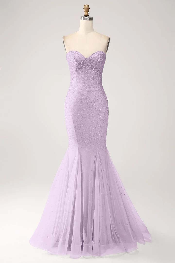 Strapless Sleeveless Long Mermaid Prom Dress With Beading Tulle