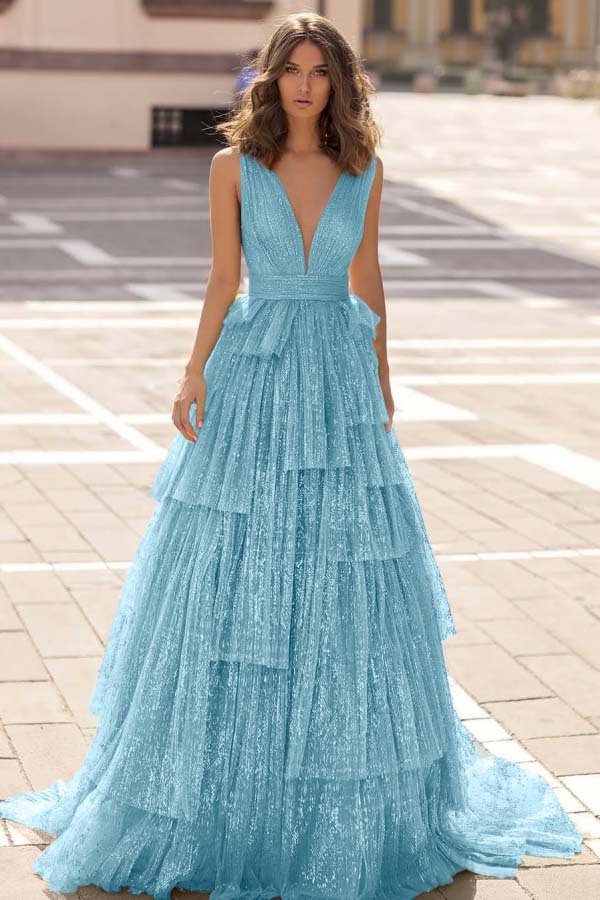 Tulle Straps V Neck Sleeveless Long Prom Dress With Sequin Pleated