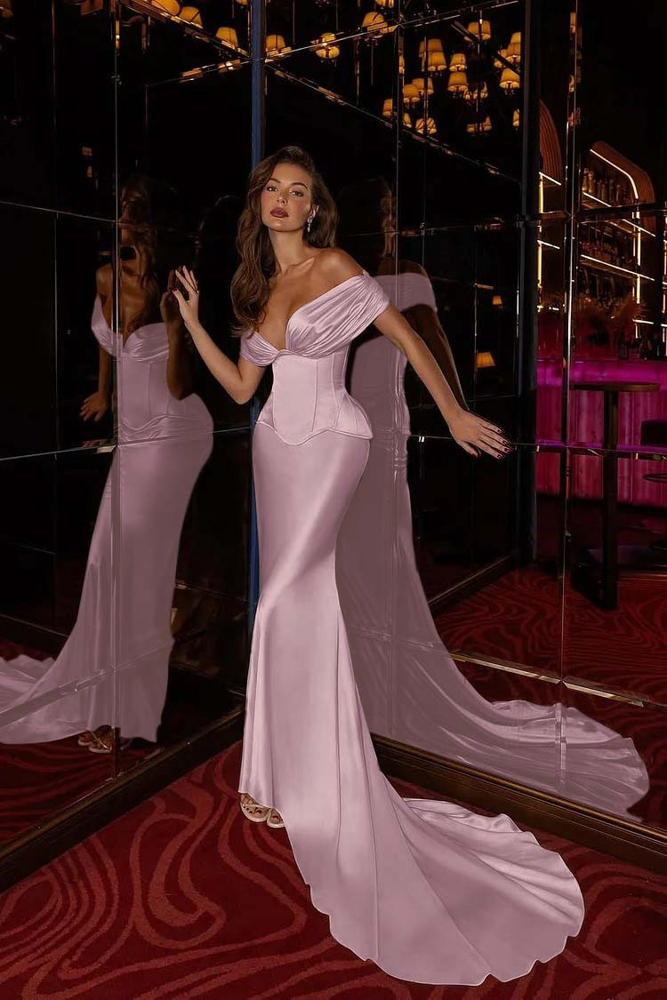 Off the Shoulder Sleeveless Long Mermaid Prom Dress With Pleated