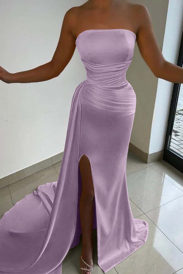 Yellow Strapless Sleeveless Ruffles Prom Dress Court With Split