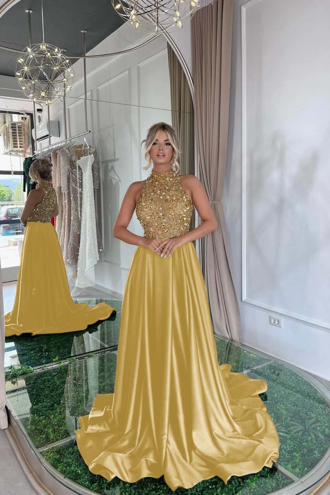 Elegant Sequins Prom Dress Gold Black Long Sleeveless Halter