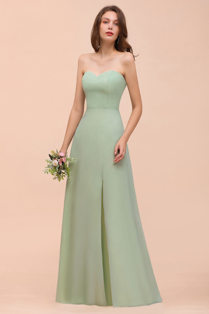 BMbridal Affordable Strapless Front Slit Long Dusty Sage Bridesmaid Dress-BMbridal