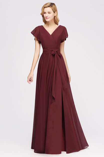 BMbridal Burgundy V-Neck Long Bridesmaid Dress With Short-Sleeves-BMbridal