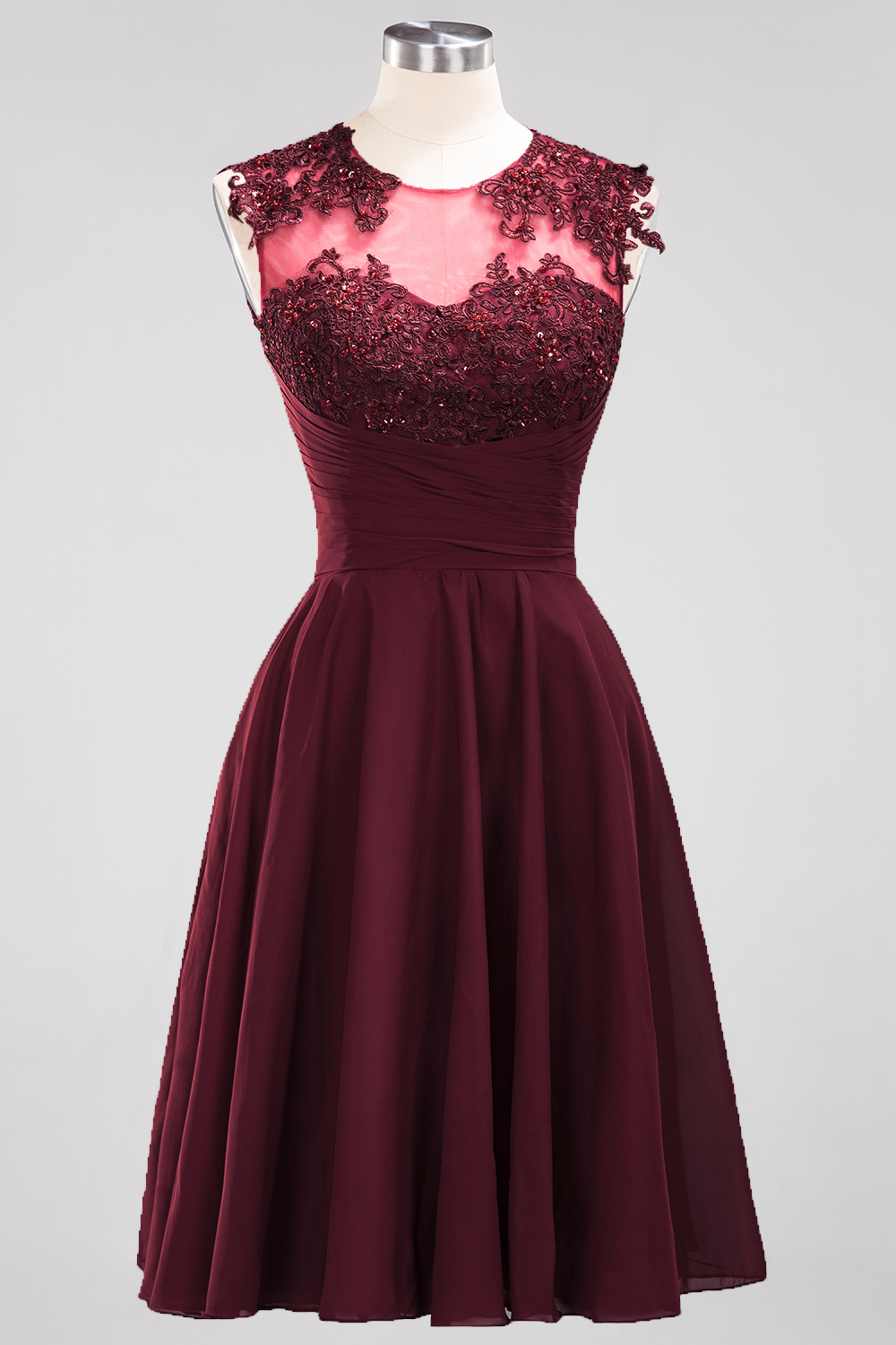 BMbridal Cute Chiffon Round Neck Short Burgundy Bridesmaid Dresses with Appliques-BMbridal