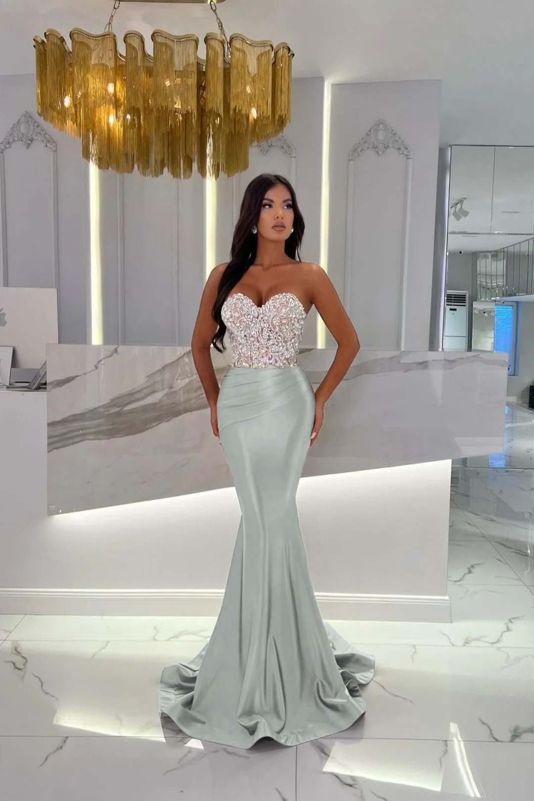 Prom Dress Satin Gold Sweetheart Sleeveless Strapless With Rhinstone Mermaid
