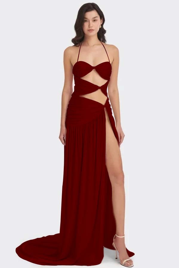 Chic Sleeveless Halter Long High Split Prom Dress With Pleated
