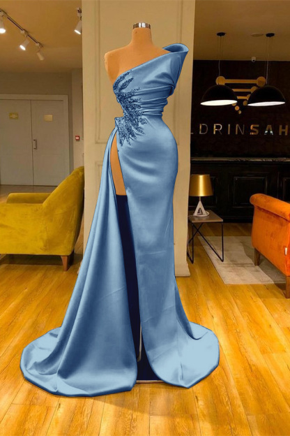 Sky Blue Mermaid One Shoulder Sleeveless Long Split Prom Dress With Beadings