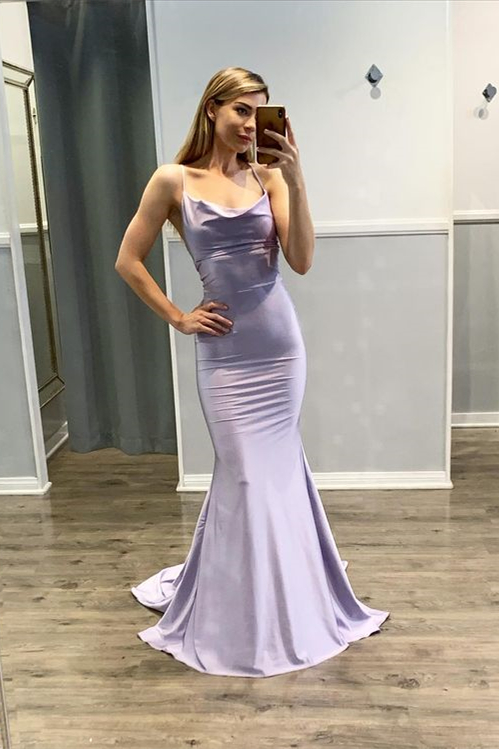 Mermaid Spaghetti Strap Sleeveless Light Purple Prom Dress With Pleated