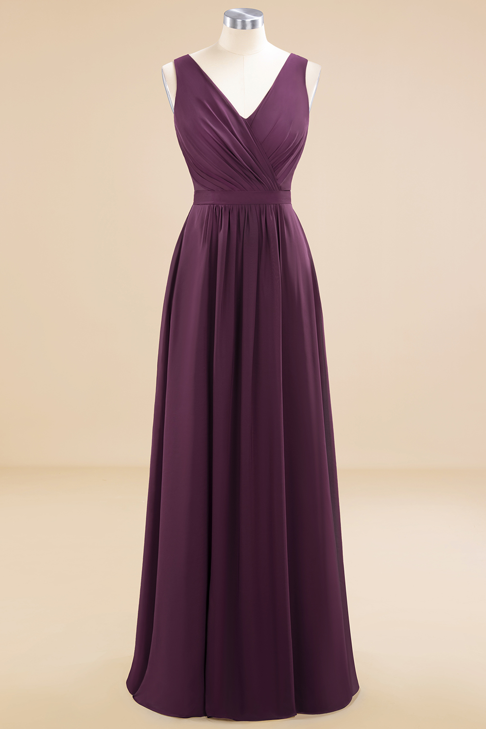 BMbridal Affordable V-Neck Ruffle Long Grape Chiffon Bridesmaid Dress with Bow-BMbridal