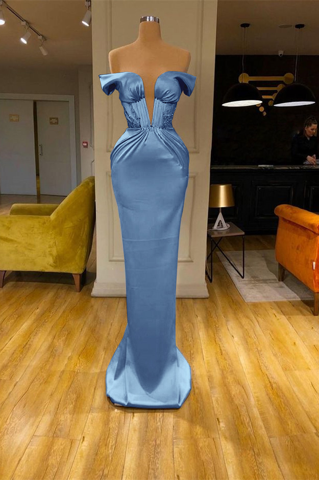 Sky Blue Mermaid V Neck Off the Shoulder Prom Dress With Beadings Online