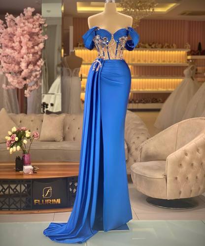 Elegant Off the Shoulder Royal Blue Beaded Sleeveless Prom Dress With Split