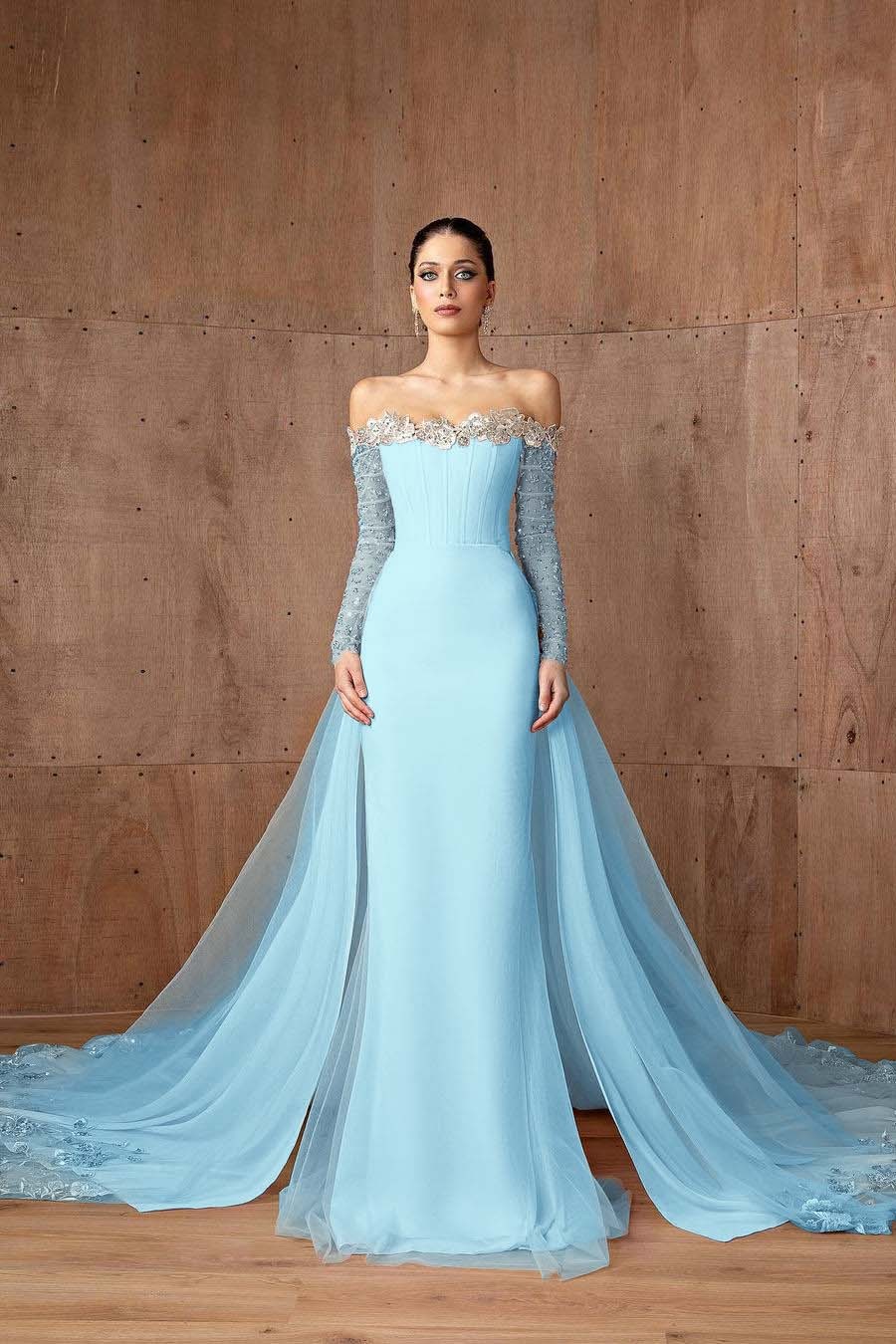 Strapless Long Sleeves Mermaid Long Prom Dress With Appliques