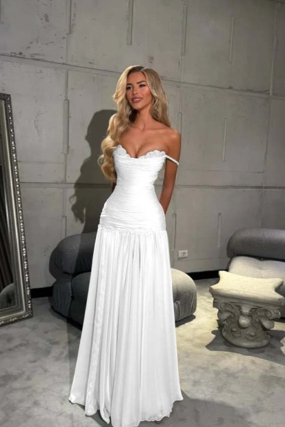Off the Shoulder Sleeveless Long Prom Dress With Pleated Sequins