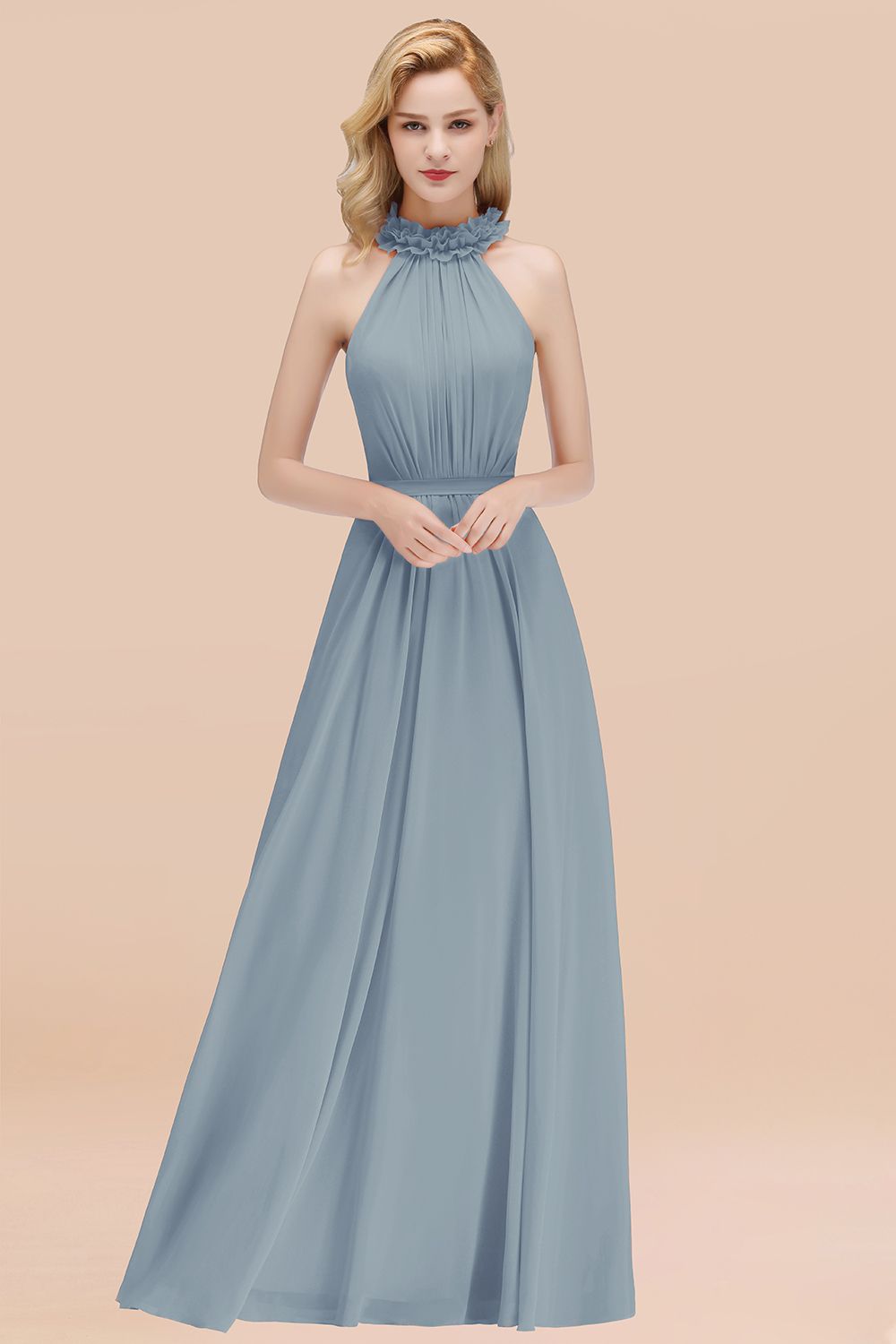 BMbridal Modest High-Neck Halter Ruffle Chiffon Bridesmaid Dresses Affordable-BMbridal