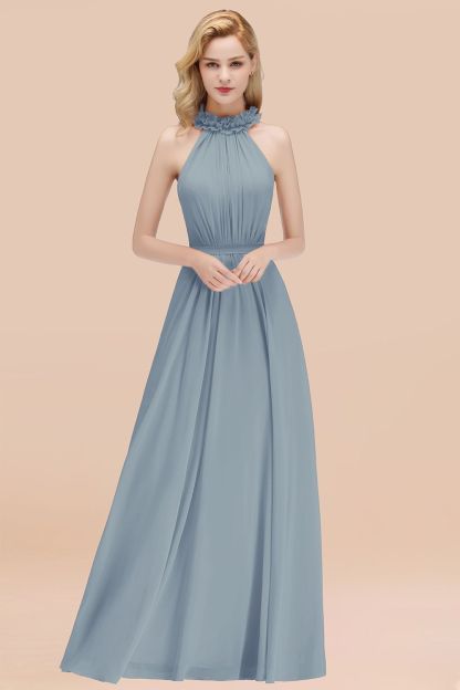 BMbridal Modest High-Neck Halter Ruffle Chiffon Bridesmaid Dresses Affordable-BMbridal