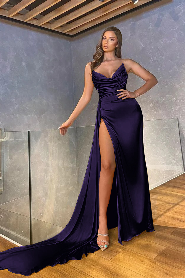 Chic Mermaid Strapless Sleeveless Long Pleated Prom Dress With High Split