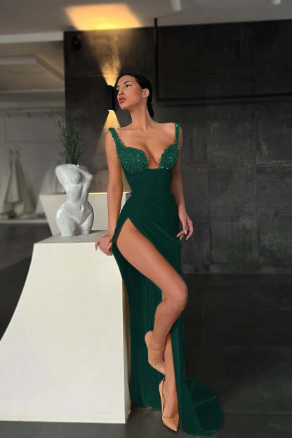 Mermaid Yellow Sequins High Waist Straps Sleeveless Prom Dress With High Split