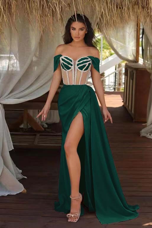 Champagne Ruffles Mermaid Prom Dress Beadings Split With Off the Shoulder