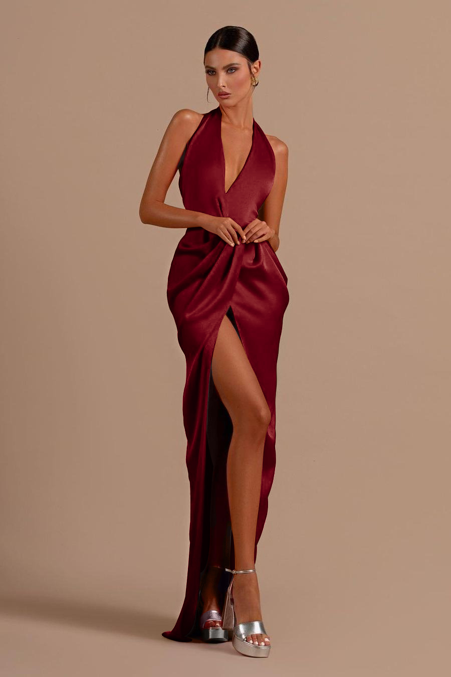 Red Halter Sleeveless Backless Long Prom Dress With Front Split