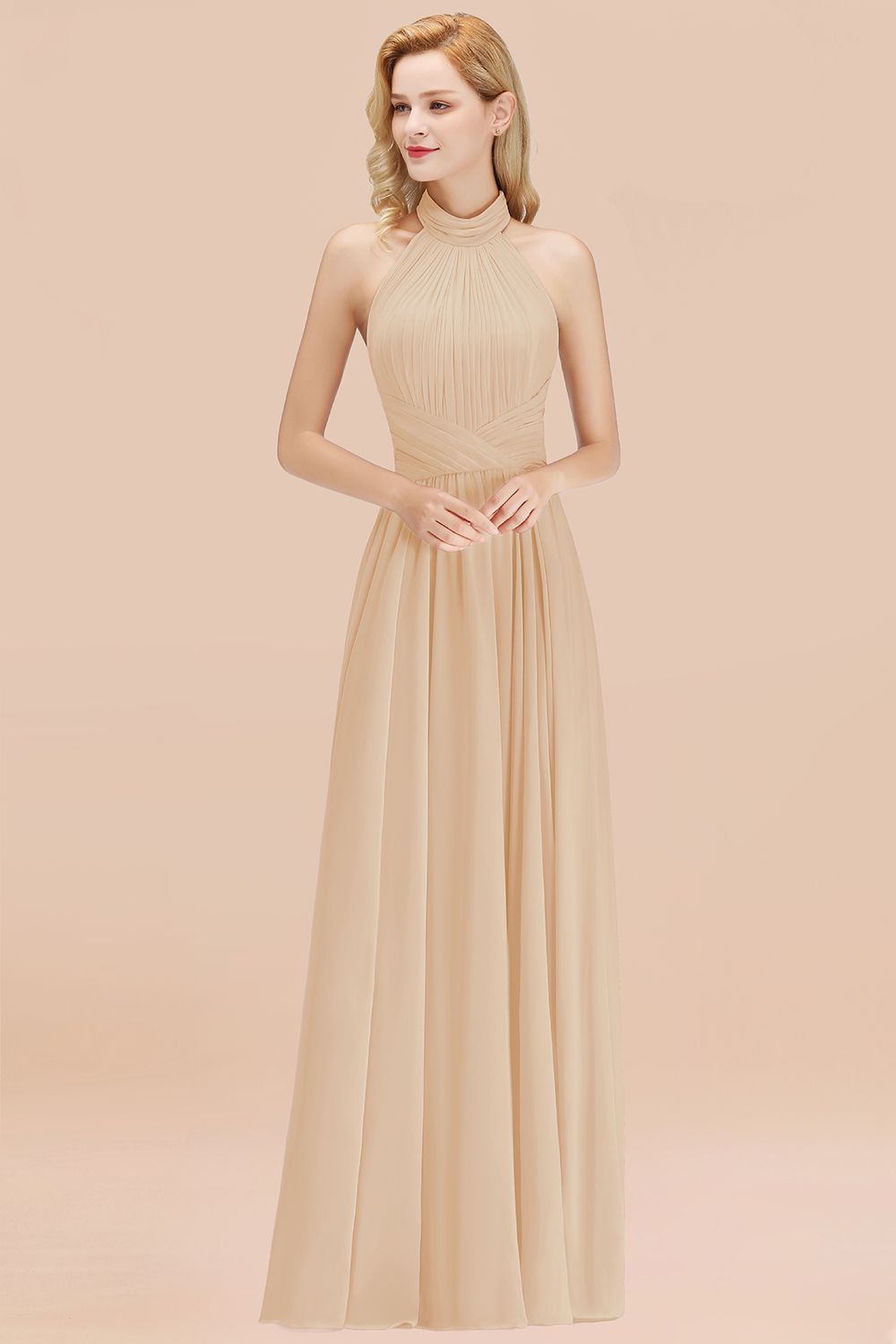 BMbridal Gorgeous High-Neck Halter Backless Bridesmaid Dress Dusty Rose Chiffon Maid of Honor Dress-BMbridal