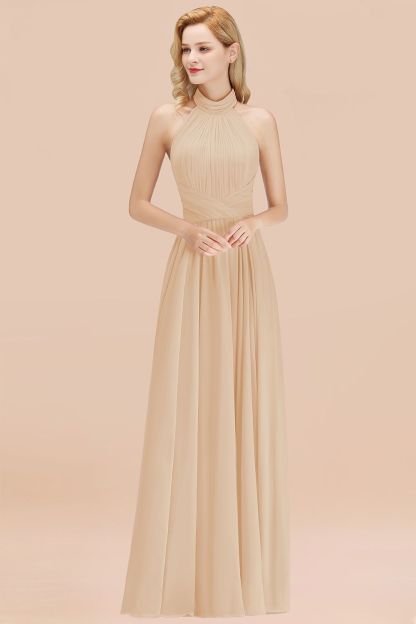 BMbridal Gorgeous High-Neck Halter Backless Bridesmaid Dress Dusty Rose Chiffon Maid of Honor Dress-BMbridal