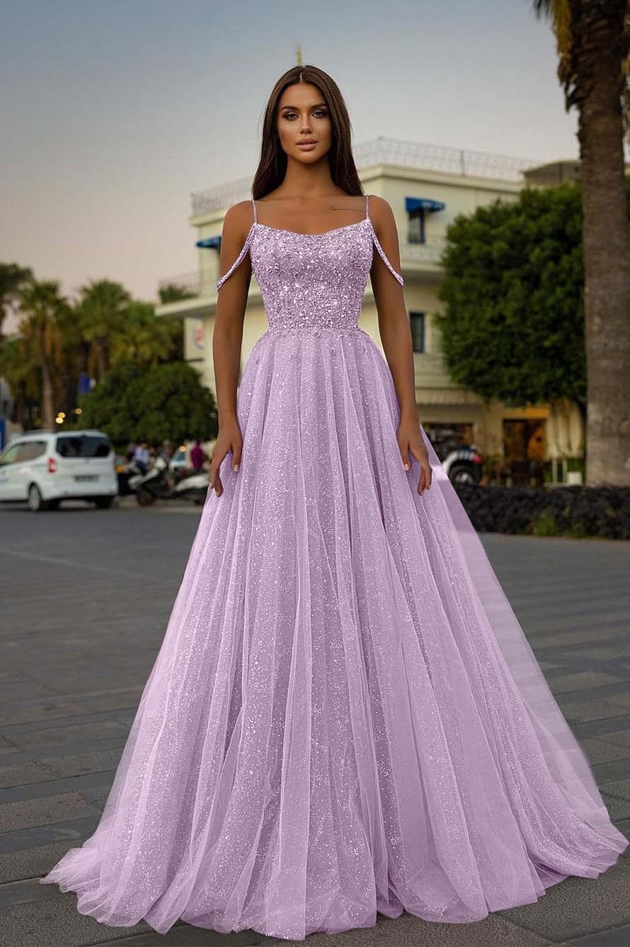 Tulle Spaghetti Strap Sleeveless A Line Long Prom Dress With Sequins Beads