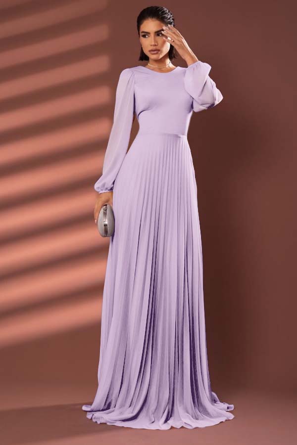 Chiffon Jewel Neck Long Sleeves Long Prom Dress With Pleated