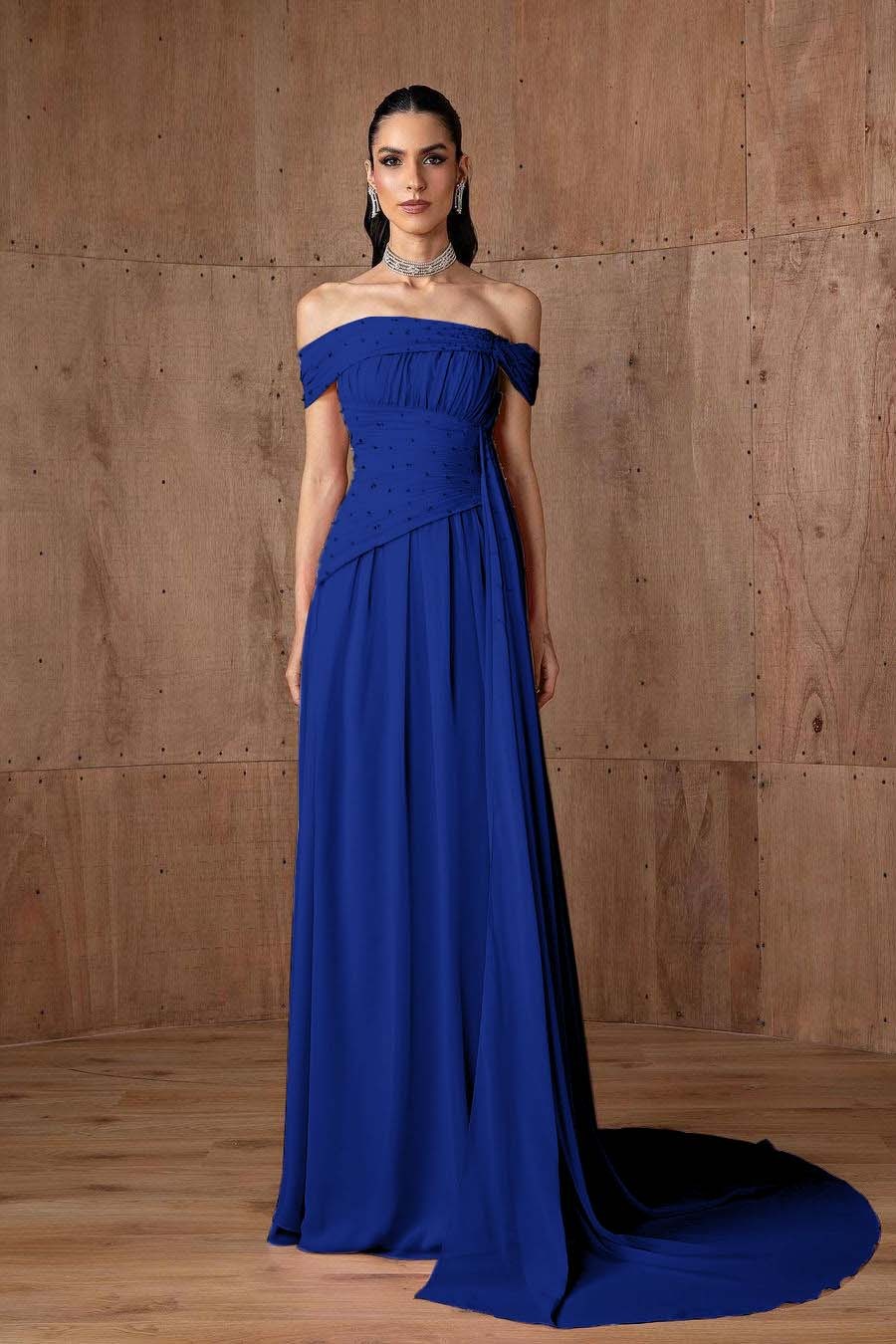 Off the Shoulder Sleeveless Strapless Ruffles Long Prom Dress With Beading