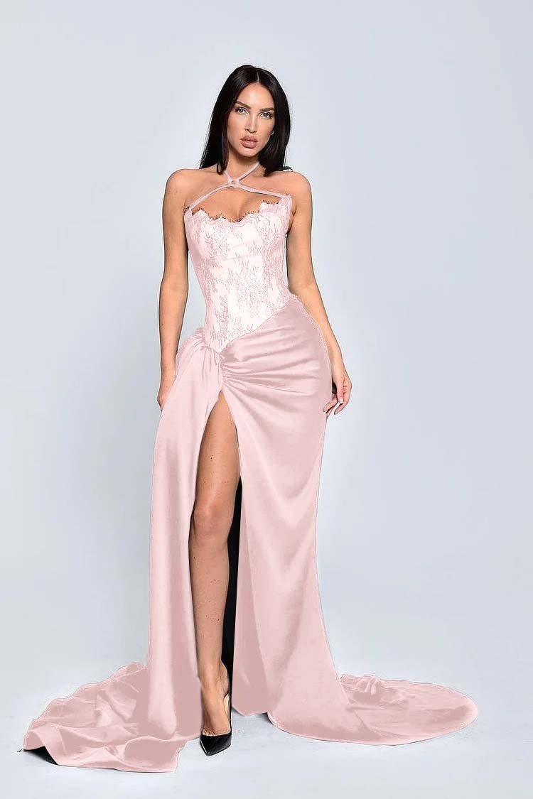 Black Halter Sleeveless Appliques Long Prom Dress With High Split