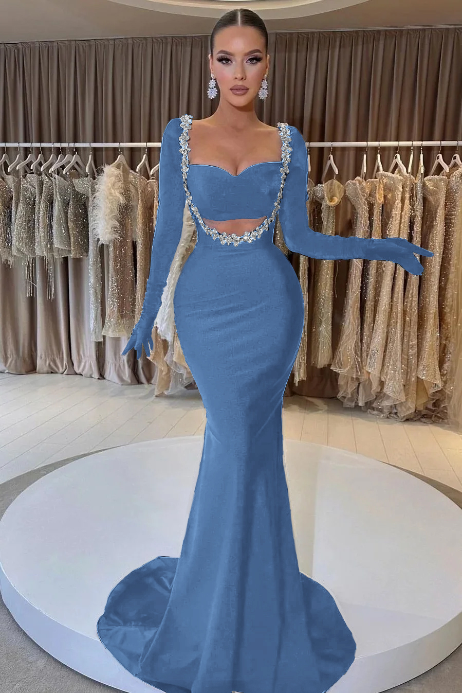 Charming Black Velvet Long Sleeve Beaded Long Mermaid Prom Dress With Gloves