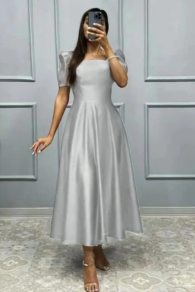 Elegant Square A Line High Waist Pleated Prom Dress With Short Sleeves