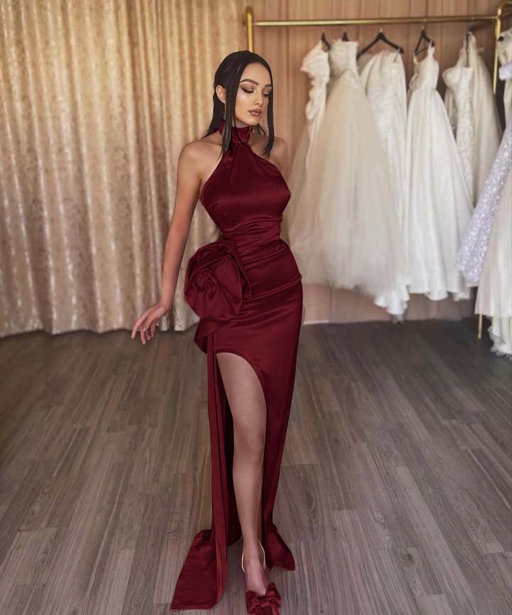 Orange Flower Halter Sleeveless High Split Prom Dress With Pleated