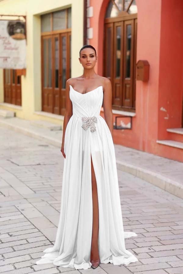 Strapless Sleeveless Long Split Prom Dress With Pleated Beading