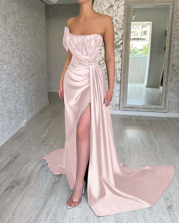 One Shoulder Strapless Sleeveless Long Mermaid Prom Dress With Split