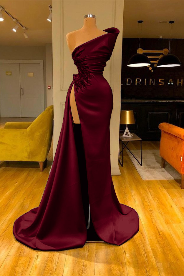 Sky Blue Mermaid One Shoulder Sleeveless Long Split Prom Dress With Beadings