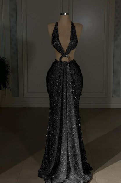 Halter Sleeveless Backless Long Mermaid Prom Dress With Sequins