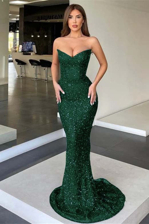 Black Strapless Sleeveless Long Mermaid Prom Dress With Sequins