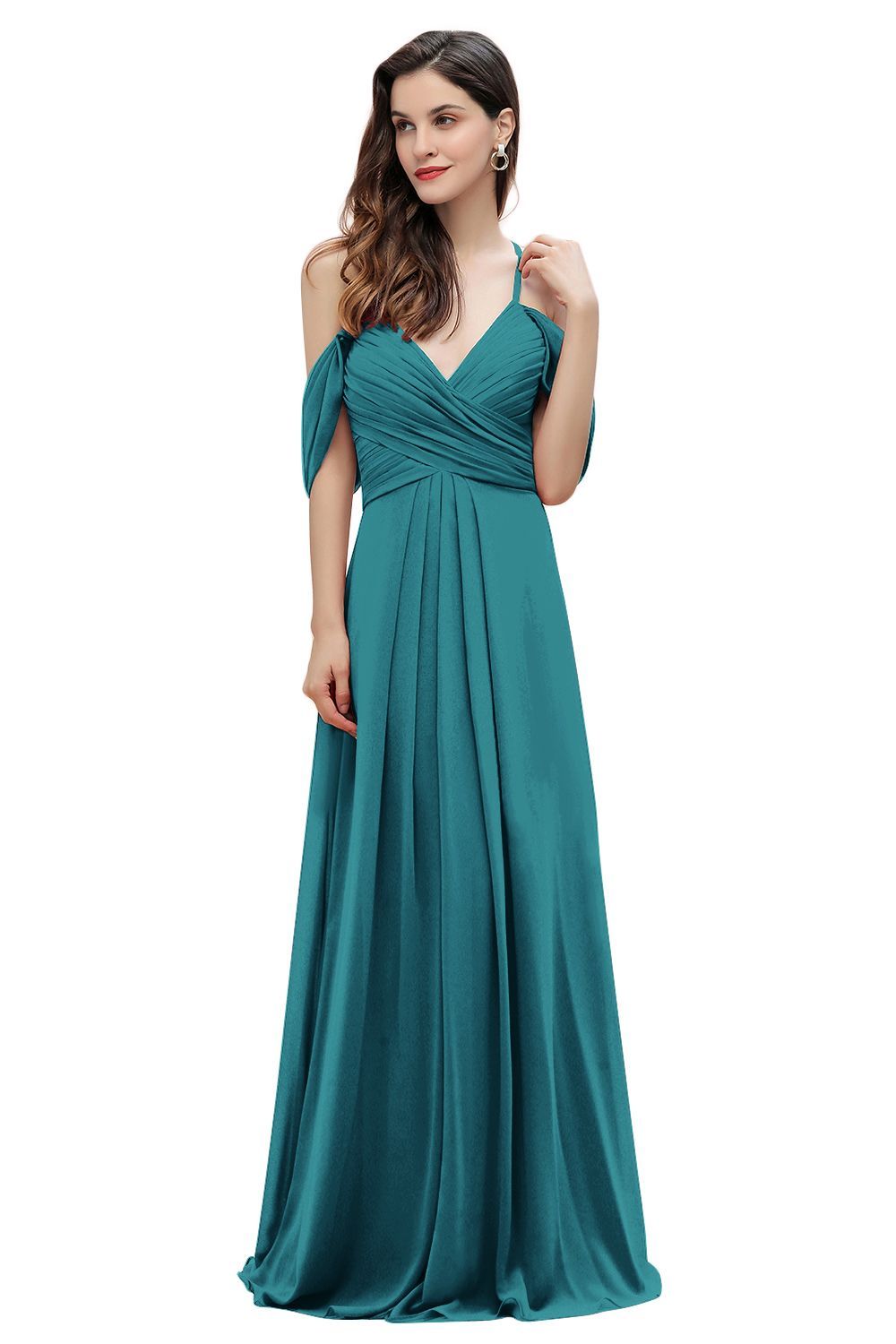 Elegant A-line Off-the-Shoulder V-neck Ruched Long Bridesmaid Dress-BMbridal