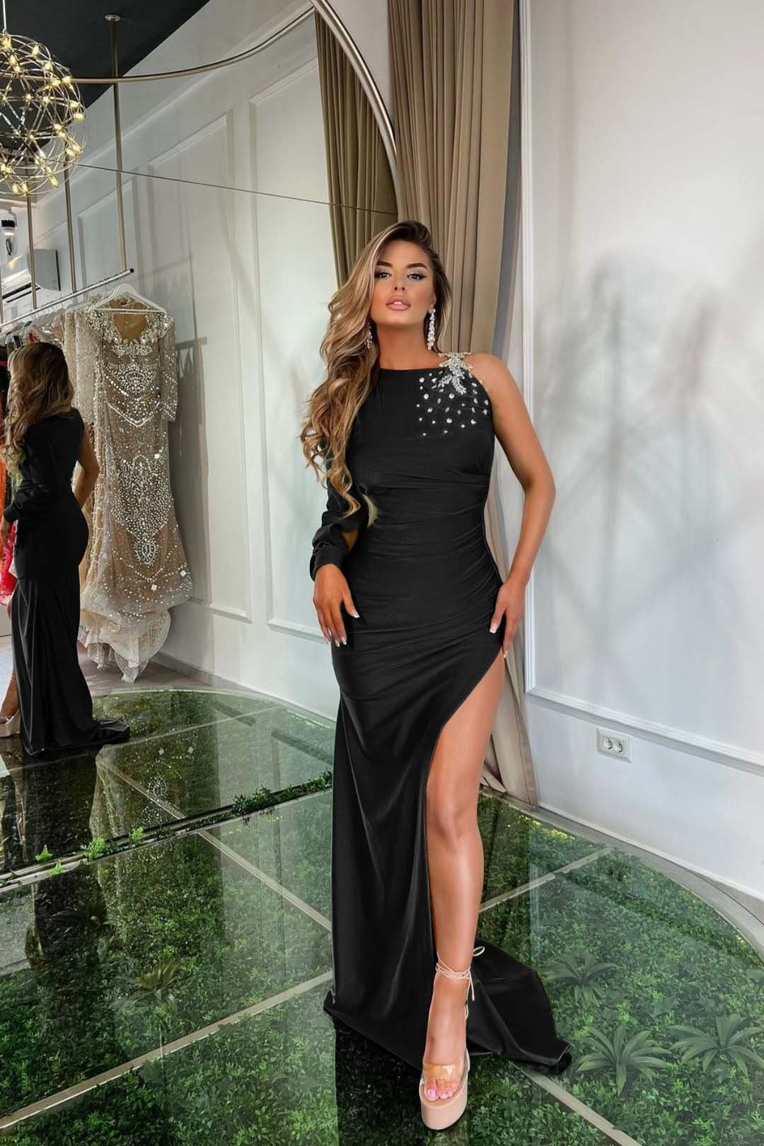 Green Satin With Split Prom Dress One Shoulder One Long Sleeve