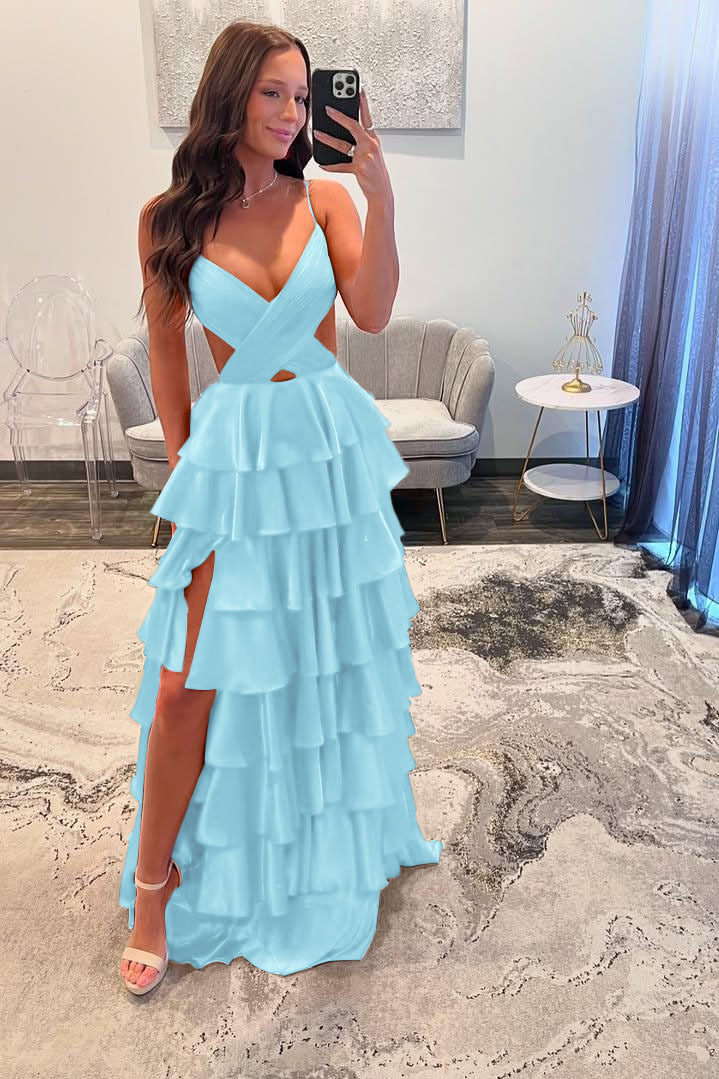Spaghetti Strap Sleeveless Long Split Prom Dress With Ruffles