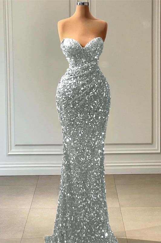 Blue Sleeveless Mermaid Sequins Prom Dress Sweetheart With Pleated