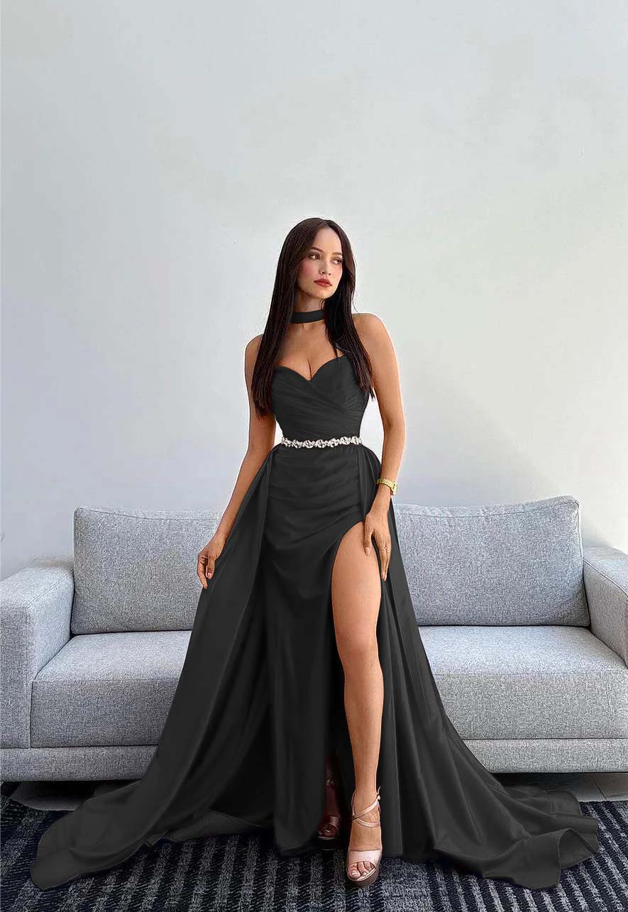 Black Halter Strapless Sweetheart  Sleeveless Mermaid Split Prom Dress With Gloves