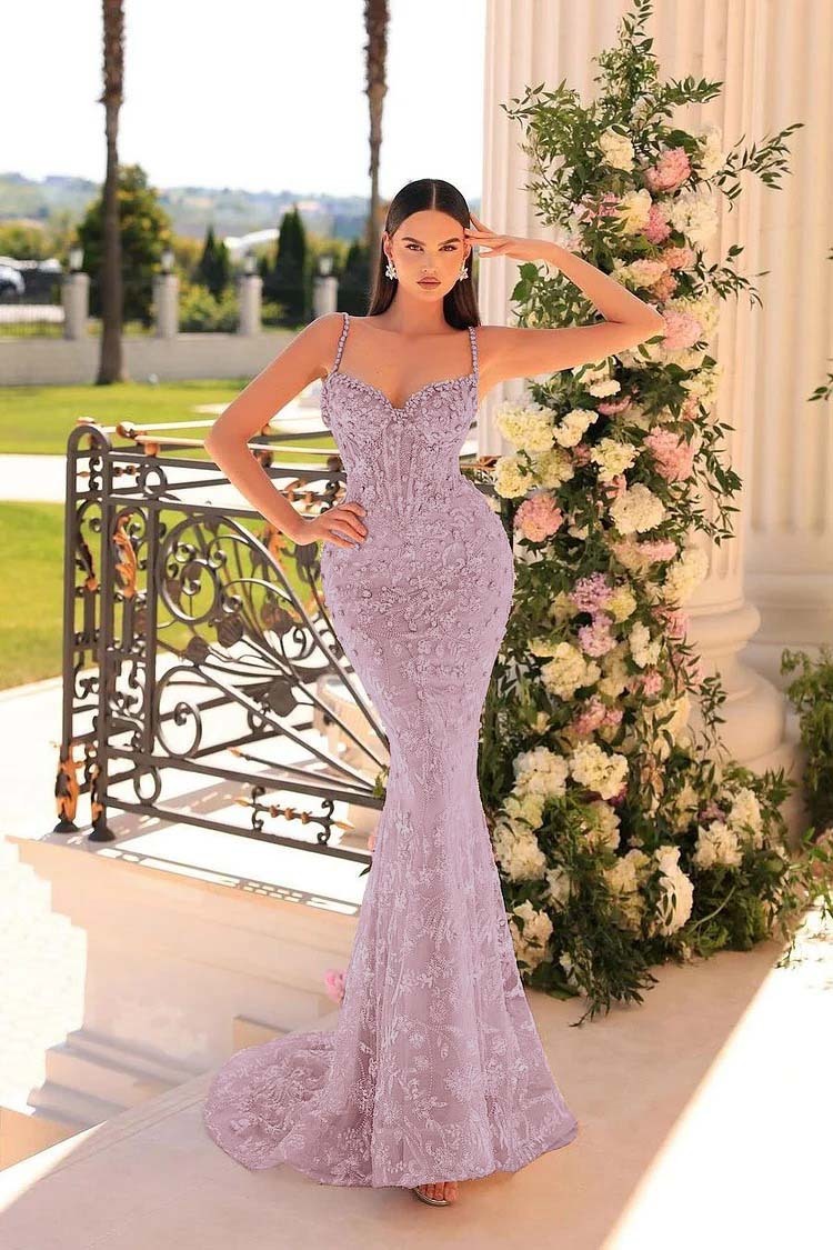 Spaghetti Strap Sleeveless Mermaid Appliques Long Prom Dress With Beadings